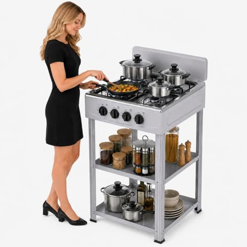 BAKAJI Cucina da Esterno Salvaspazio con 4 Fuochi Bruciatori e Griglie Rimovibili, Cucinotto da Campeggio, Balcone, Terrazzo, Giardino, 2 Ripiani d'Appoggio, 49 x 49 x 79 cm (Grigio)