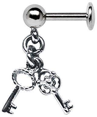 Ohr Piercing Helix, Tragus, Lobe Stecker, Labret in 1,2 x 6 mm mit Kugel und Schlüssel Anhänger