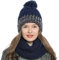 DonDon Damen Wintermütze Strickmütze gefüttert warm und weich mit Bommel blau-weiß-braun