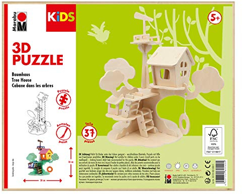 Marabu 317000000011 - KiDS 3D Holzpuzzle Baumhaus, mit 37 Puzzleteilen aus FSC-zertifiziertem Holz, ca. 28 x 26 cm groß, einfache Stecktechnik, zum individuellen Bemalen und Gestalten