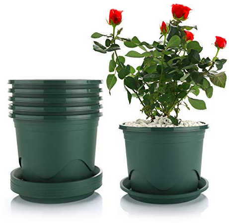 T4U 22CM Plastic Plant Pot with Saucer Set of 6, Root-Control Nursery Seedling Planter Decorative Garden Flower Pot Container Green for Indoor Outdoor Bonsai Plants, Aloe, Herb, Orchid and More