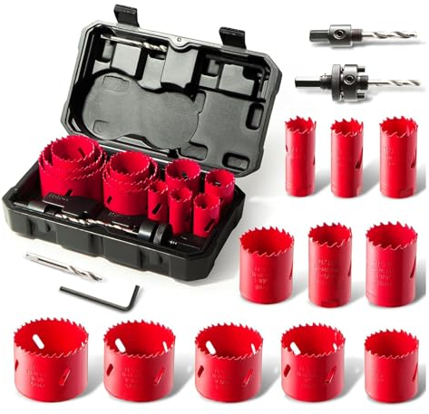 HYCHIKA Bi-Metall-Lochsägen-Set, 17-teilig, Hochgeschwindigkeitsstahl, 1,9 cm - 6,4 Set im Koffer mit Dornen, langlebiger perfekt zum Bohren von PVC-Platten, Metall- und Kunststoffplatten