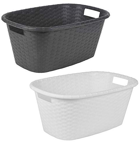 URBNLIVING Rattan 57 Litre Oval Laundry Basket Washroom Bin Washing Clothes With Handles Storage (White)