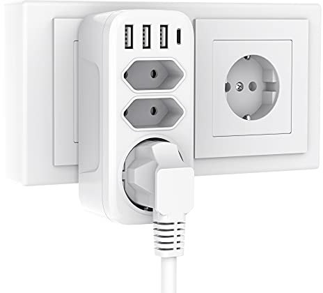 USB Steckdose, Gogotool 3 Steckdosen mit 3 USB Anschluss und 1 Typ-C Port, 7-in-1 Steckdosenadapter mit USB Ladegerät, Wand Steckdoseadapter für Haushaltsgerät, Smartphone, Mp3, PC usw (Weiß)