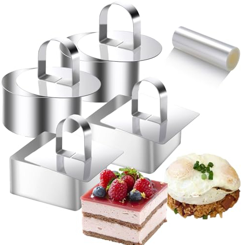 9Pack 3.15‘’ Food Presentation Rings with 3Inch Cake Collars Stainless Steel Round Square Cake Rings Mold with Cooking Pressers, Transparent Acetate Sheet Cake Rolls for Baking Pastry, Mousse Cake