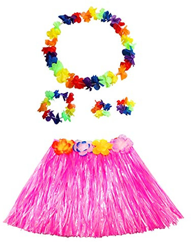duoyif Jupe Hawaienne, 5pièces Hawaïen Fête Jupe de Hula Kit de Costume, Jupes Tahitienne Luau pour Carnaval Summer Party Soirée Bar Fête Pom-Pom Girls Halloween Tiki Déguisement 40cm (Rose)