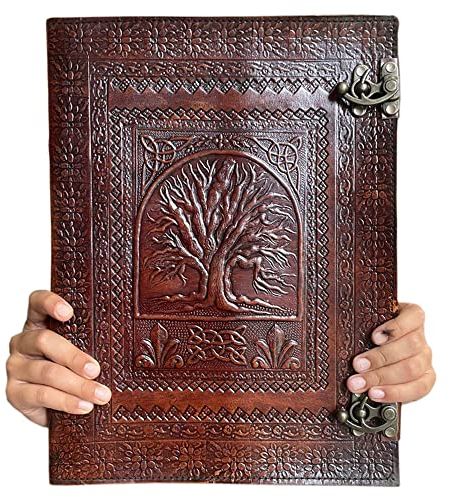 Leather Journal Tree of Life -Writing Notebook Leather Bound, Daily Notepads for Men and Women Blank Paper 34 x 25 cm - Gift for Art Sketchbook, Travel Diary and Journals to Write in leather Grimoire