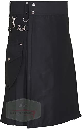 Kilt für Herren | Herren Cargo Fashion Utility Kilt (30'', Schwarz)