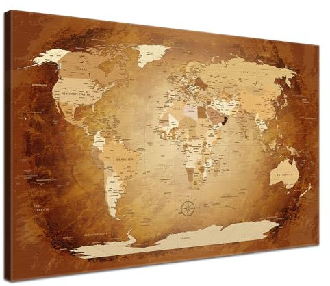 LANA KK - Premium Pinnwand Weltkarte - Braun Colorful - Deutsch - in 80 x 60 cm, stabile Rückwand zum Pinnen inkl. Starterkit - Leinwand-Kunstdruck Wandbild Landkarte XXL