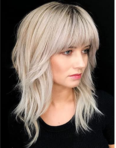 Baruisi Blonde Perücke mit Pony Schulterlänge Layered Wig Dark Roots Synthetische Party Cosplay Perücken für Frauen