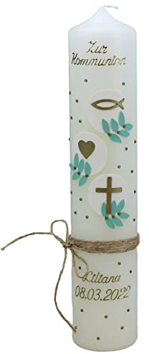 christ-kerzen Kommunionkerze LILIANA mit Kreuz, Taube, Kelch und Fische/Wellen 1356, Größe:ca. 40x6 cm