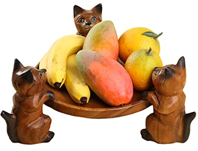 SZWH Früchtekorb Runde Obstschale Aus Massivem Holz, Kreatives DREI-Katzen-Design, Obstkorb Für Wohnzimmer, Couchtisch, Restaurant, Obstschale Haus Dekoration