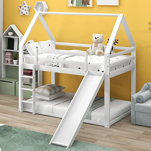 Kayan Kinderbett Hausbett, Niedriges Etagenbett mit Rutsche, Massivholz-Etagenbettrahmen mit Lattenrost 90 x 200 cm (Weiß mit Rutsche)
