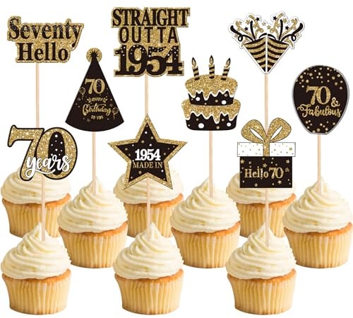 Xsstarmi 36 Pack 70th Birthday Cupcake Toppers Double Printed Seventy Hello 70th Straight Outta 1955 Cupcake Picks for Cheers to 70 Years 70th Birthday Wedding Party Decoration Supplies