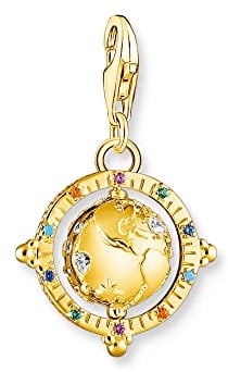 THOMAS SABO Charm-Anhänger bunte Weltkugel aus hochwertigem 925er Sterlingsilber mit edler 750er Gelbgold-Vergoldung und buntem Steinbesatz, Maße: 28 x 17 mm,1923-488-7
