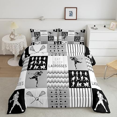 Essen Schlaf Lacrosse Bettdecke 200x200cm für Mädchen Sports Spiel 4-Jahreszeiten Bettdecke Dekorative Lacrosse Ball Steppbett Geschenk für Lacrosse Lover Schwarz Weiß Steppdecke