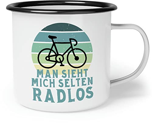 OM3® Fahrrad Emaille-Tasse mit Spruch - man Sieht Mich selten Radlos | Emailletasse Emaille Becher | 12oz 300ml | Beidseitig Bedruckt | Weiß-Schwarz
