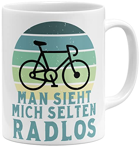 OM3® Fahrrad Tasse mit Spruch - man sieht mich selten Radlos | Keramik Becher | 11oz 325ml | Beidseitig Bedruckt | Weiss