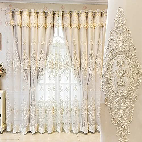 Amidoudou 1 Paar europäische, doppellagige Vorhänge mit Volants für Wohnzimmer Schlafzimmer Luxus 3D Blume bestickte Vorhänge (Beige, 132 x 244 cm)