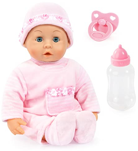 Bayer Design 93824CK Muñeca, Habla 24 Sonidos de bebé, con Chupete, biberón, Cuerpo blandito, Rosa, 38cm