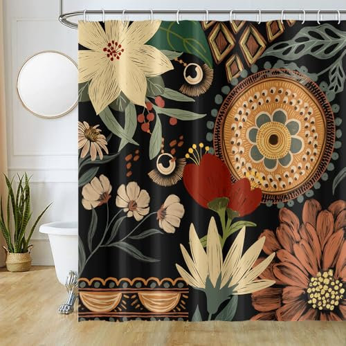 Uiiooazy Duschvorhang 180x180cm, Duschvorhang Grüne Blätter Boho Blumen Tropisch Abstrakt Duschvorhänge Anti Schimmel Stoff Waschbar Wasserdicht Polyester Bad Vorhang mit 12 Haken für Badezimmer