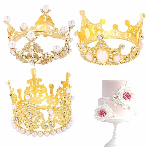 3 PCS Rhinestone Pearl Gold Crown Cake Topper Crown,for Wedding Birthday Girls Women Shower Party Cake Decoration