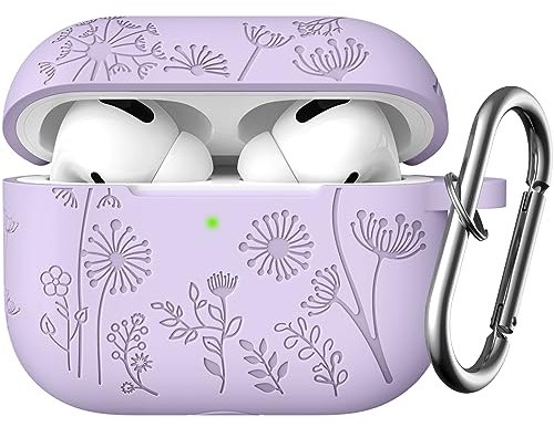 Easuny Floral Gravierte Hülle für AirPods Pro 2, Silikon Stoßfeste Hülle mit Karabiner [Front-LED Sichtbar], Lavendel