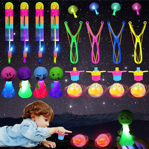 TOPJOWGA 12 Stück LED Leuchtspielzeug Partyartikel, 4 Helikopter Fliegen Spielzeug + 4 Jumping Spielzeug + 4 Leuchtender Kreisel, Glow in The Dark Party Mitgebsel Kindergeburtstag