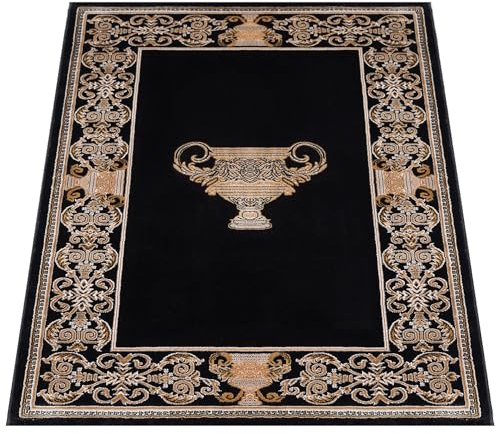 Belle Arti Teppich Orientteppich Wohnzimmer in Schwarz Gold mit Griechischem Mäander Amphore Muster Kurzflor - orientalisch antik edel rutschfest antiallergisch 100% Polyester (120 x 170 cm)