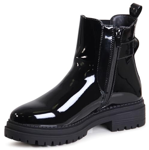 topschuhe24 2883 Damen Plateau Stiefeletten Chelsea Boots, Farbe:Schwarz Lack, Größe:37 EU