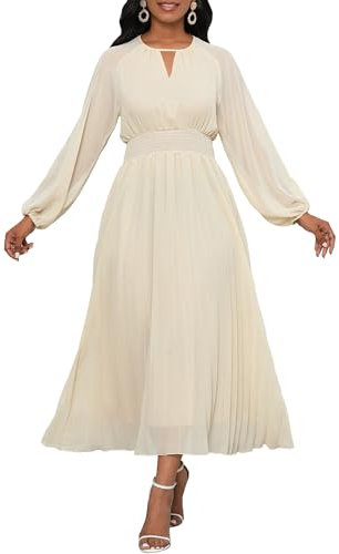 VERWIN Chiffon Dresses for Women Long Sleeve Round Neck Maxi Dress Elastic Waist Pleated A Line Flowy Dress L Apricot