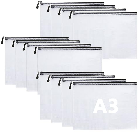 DAJAVE 12 Stück Dokumententasche A3 Schwarze Wasserdichte dokumententaschen, A3 Dokumentenmappe mit Reissverschluss, Dokumententasche Reißverschluss für Papier, Quittungen, Bürobedarf, Dokumente