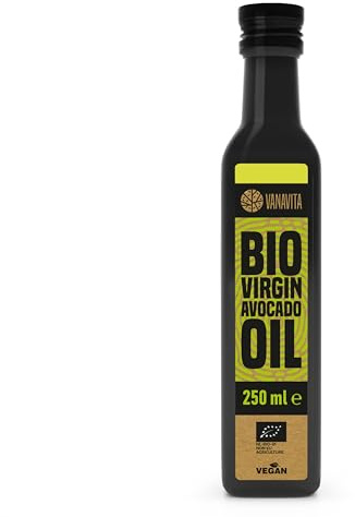 VanaVita Natives BIO Avocadoöl - 100% reines Öl aus Bio-Avocados, reich an gesunden Fetten, ideal zum Kochen & Braten, hoher Rauchpunkt, Avocado Oil für Salate, Avocadoöl Bio, Avocado Öl, 250 ml