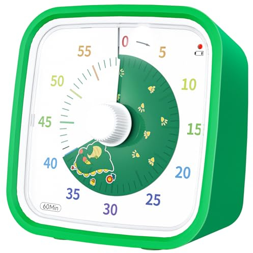 Yunbaoit Visueller Timer mit Schutzhülle, Dinosaurier-Scheiben 60-Minuten-Countdown-Timer für Kinder und Erwachsene, leises Time Management-Werkzeug(Grün Dinosaurier)