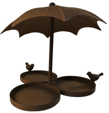 Vogelhaus Futterstation Vögel Wassertränke mit drei Futterplätzen aus Metall in Rostoptik