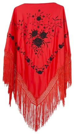 Flamifeel Dreieckiger bestickter Schal mit Fransen, 150/100/20, Schwarz / Rot, 38