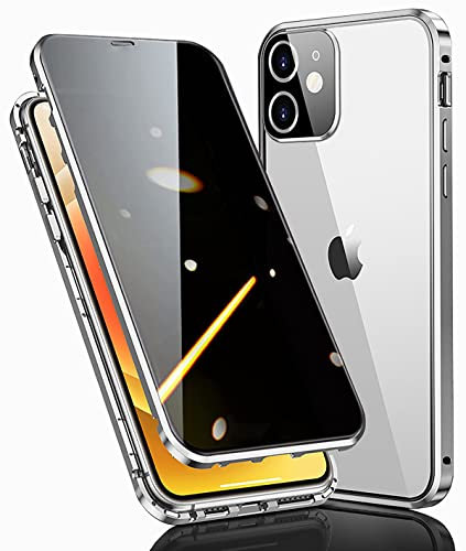 WEYNRBOX Privacy Case for iPhone 12,Anti-peeping Screen Double-sided Tempered Glass Case Built-in Camera Protector,Magnetic Metal Bumper 360 Full Cover Anti-Spy Phone Case for iPhone 12,Silver