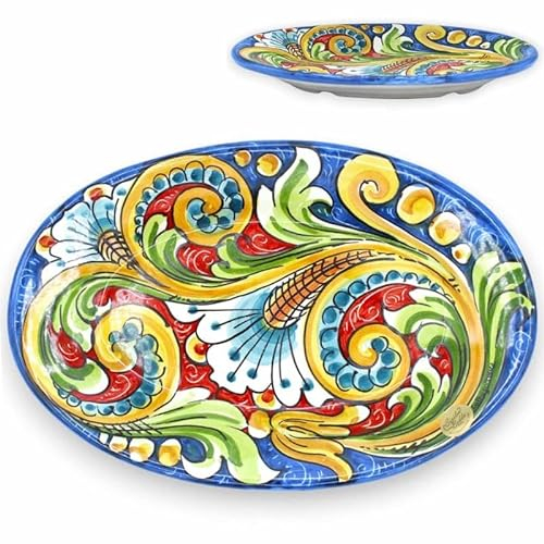 SICILIA BEDDA CAPACI Vassoio Ovale ceramica Caltagirone, piatto da portata, L 30 x 20 cm ca. fondo blu, decoro barocco e floreale