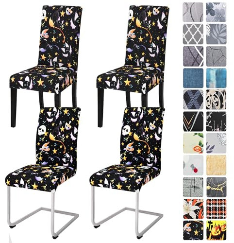 Alishomtll Halloween Stretch Stuhlhussen 4er Set Stuhlbezug Schwingstuhl Elastische Stuhlhussen Abnehmbarer Waschbarer Stühle Schutz Urlaubsdekoration für Esszimmer Bankett (Schwarze Katze, 4 Stück)