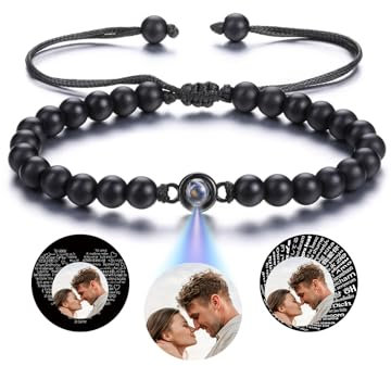 PiercingJak Bild Projektion Armband mit Foto im Stein Damen Herren Perlenarmband 6mm Schwarz Achat Perlen Armbänder Personalisierte Geschenke für Mann Frauen