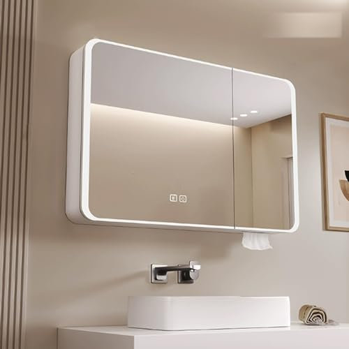Badezimmer-Kosmetikspiegelschrank mit LED-Beleuchtung und Stauraum, Antibeschlag- und HD-Spiegel, an der Wand montierter Badezimmer-Wandschrank aus Aluminiumlegierung, Touch-Schalter, Spiege