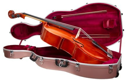 Crossrock Custodia per Violoncello 4/4 e 3/4 in ABS | Finitura Oro Rosa Opaco, Interno in Velluto Rosso Vino, Guscio Rigido con Ruote, Serratura, Spallacci e Porta Arco