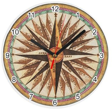 Fabulous Horloge Murale en Verre - Rose des Vents Boussole Ancienne Peinture Outils Navigation Vintage - Diamètre 20 cm - Blanc