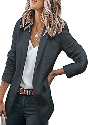 OMZIN Damen Open Front Business Taschen Arbeit Büro Blazer Jacke Mit Futter Dunkelgrau M
