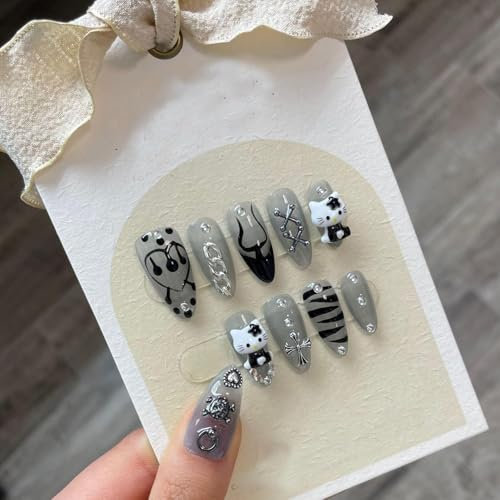 Fait à la main Faux Ongles Court MouyouGlow,Amande Noir Hello Kitty 3D Cross Cœur Y2K Gothic Fire Strass Resuable Press on Nails avec Gel Pad,Handmade Fake Nails 10Pcs 401-XS