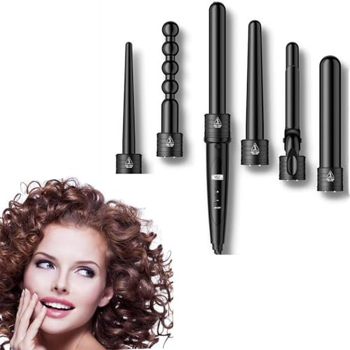 YENTAKE Lockenstab Set 6 in 1: LCD-Display Keramik Lockenstab mit Verschiedenen Aufsätzen für Große und Kleine Locken, 6 Austauschbare Stäbe Kit für Kurze und Lange Haare (Schwarz)