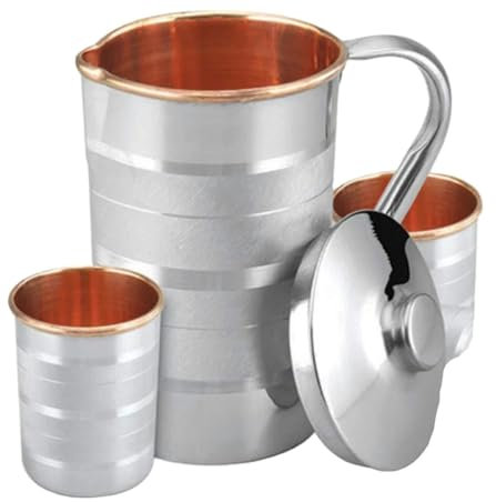 Stainless Steel Copper Jug and Glass Set, 1.5L Pitcher with 2 Glasses, Silver