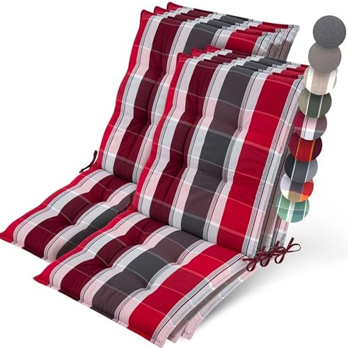 Beautissu 6er Set Premium Niedriglehner Auflage Gartenstuhl 100x50cm Sun-NL – 8cm Dick Polster Gartenstuhlauflage rutschfest Befestigungsbänder UV-Lichtechtheit 5 – Robust Rot-Anthrazit Gestreift