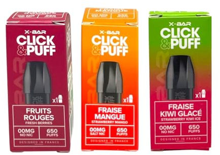 Pack de 3 cartouches réutilisables- compatible avec Batterie rechargeable (sans nicotine ni tabac) (Fraise Framboise, Dragon Litchi, Myrtille Framboise)