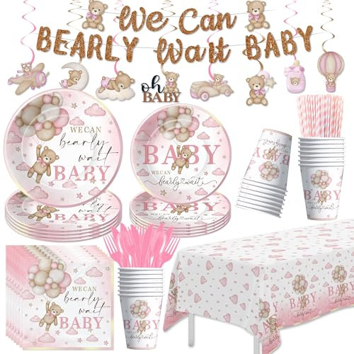 YJRJSC Bear Baby Shower Decorations Girl, We Can Bearly Wait Decorations Tableware, Plate, Cup, Banner, Tablecloth, Napkin, Cutlery, Pink Teddy Bear Baby Shower Party Supplies, Serve 24